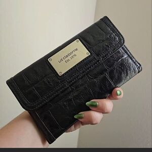 Liz Claiborne Black Croc-Embossed Wallet with Metal Plaque